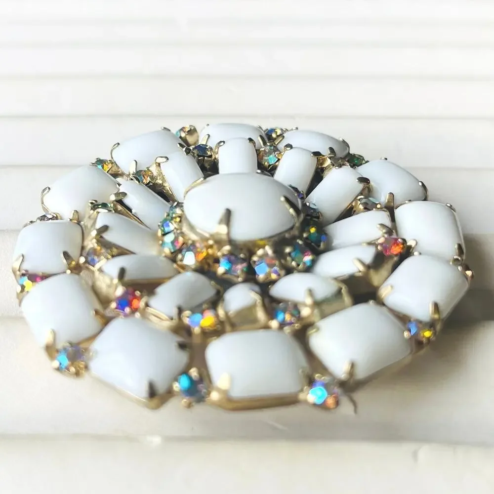 Vtg Milk Glass Brooch White Starburst Rhinestone Mid-Century Pin Large 50s 60s